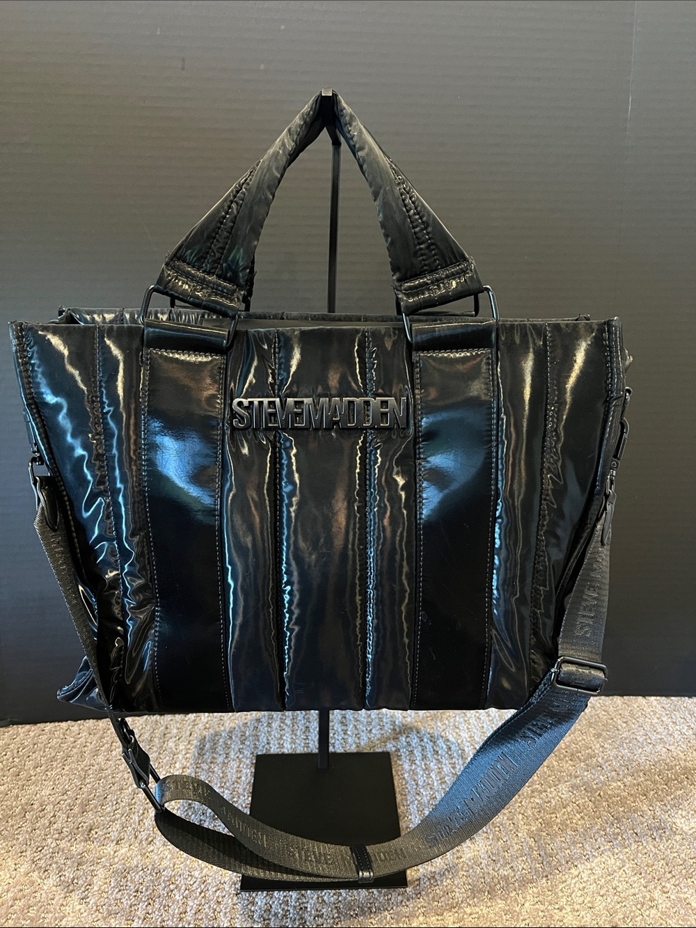 Steve Madden Black gloss PufferTote with Detachable Strap